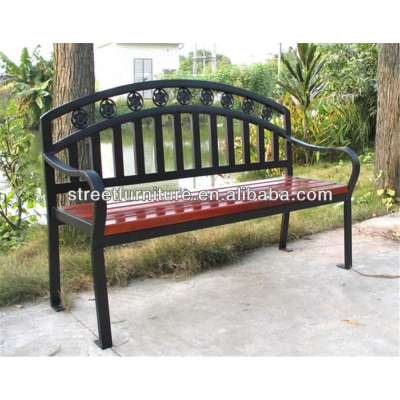 Antique wooden garden bench with back metal frame benches