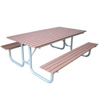 2 meters long recycled plastic and metal steel outdoor picnic table and benches set